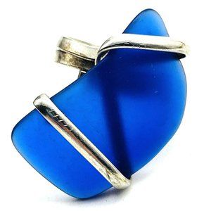 Royal Blue Art Glass Dinner Ring Silver Tone Boho Festival Party Classic Artsy